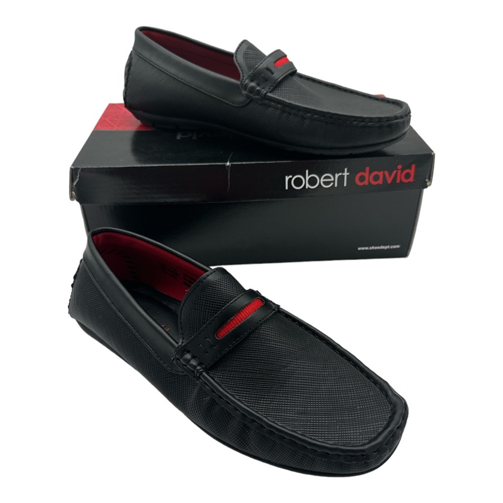 Robert David Mens Kobe Penny Loafers Black Red Slip-On Driving Moc Toe 7M New